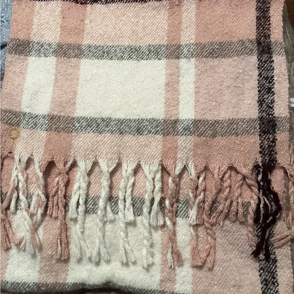 Plaid Fringe Scarf‎ in Pink and White Calvin Klein